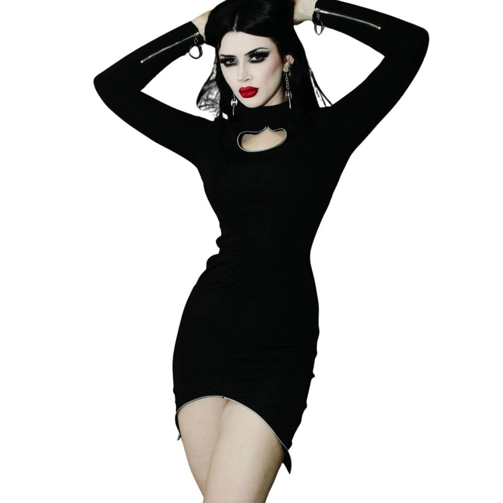 The Pretty Cult Hellbender Dress Black Bodycon Goth Dress Sharkbite Hemline Sz S